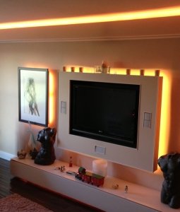 Rich amber LEDs warm the room