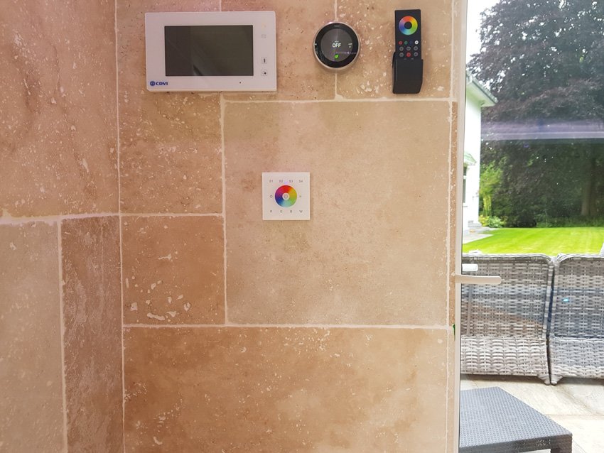 Remote and wall-mounted controllers for poolhouse RGBW LEDs
