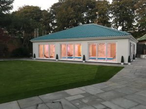 poolhouse LEDs at sunset