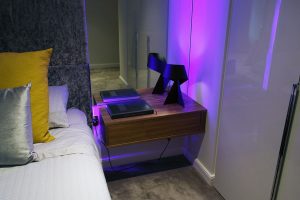 Bedroom RGBW LED highlights set to primary-colour mauve