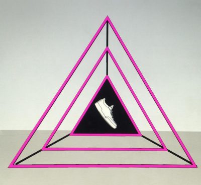 A completed triangular display frame (pink LEDs)