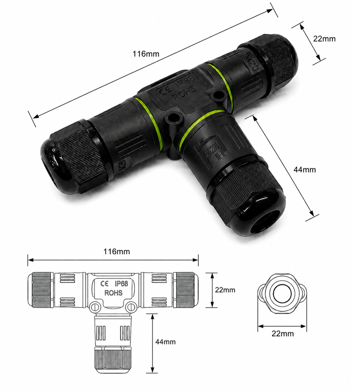 IP68 - Terminal Block Cable Connector - 3 Core T-Shape - Image 5