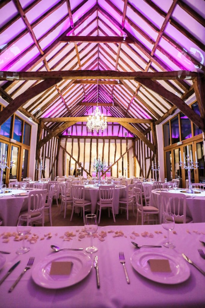 Luxury Barn Wedding venue lit up using LED Tape showing tables