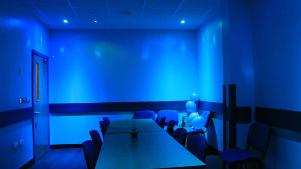 Rogue Bowling Alley party/conference room with LED Tape in blue