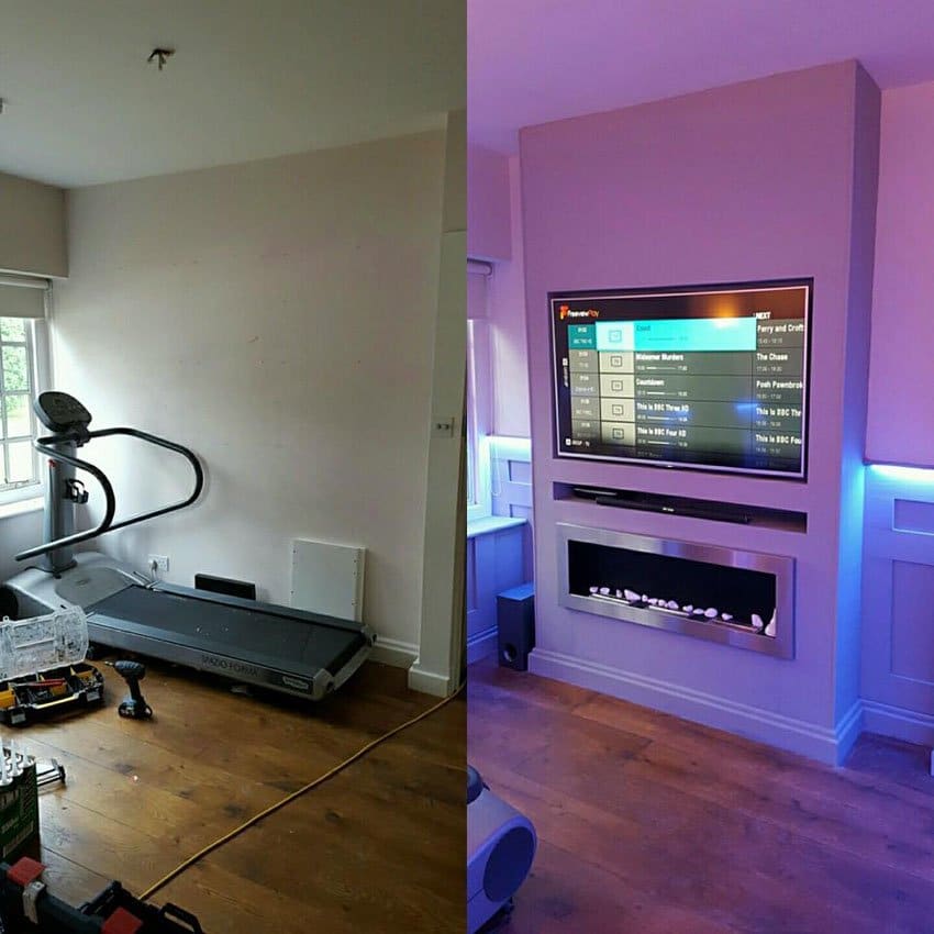 Before and after image of cinema room with TV