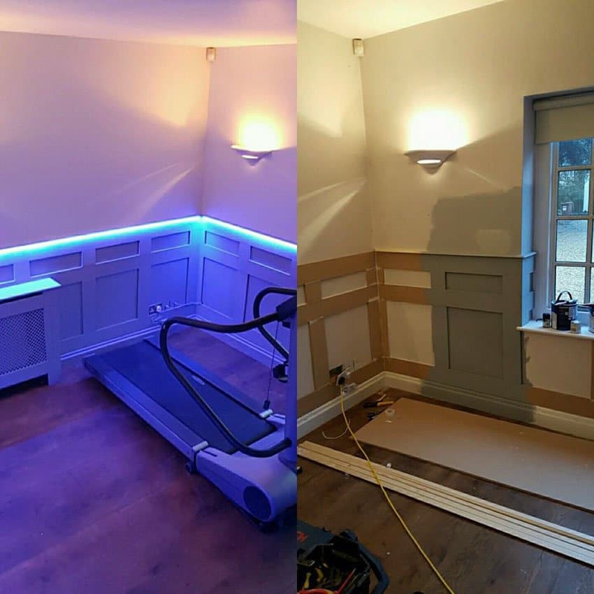 Before and after image of cinema room with treadmill