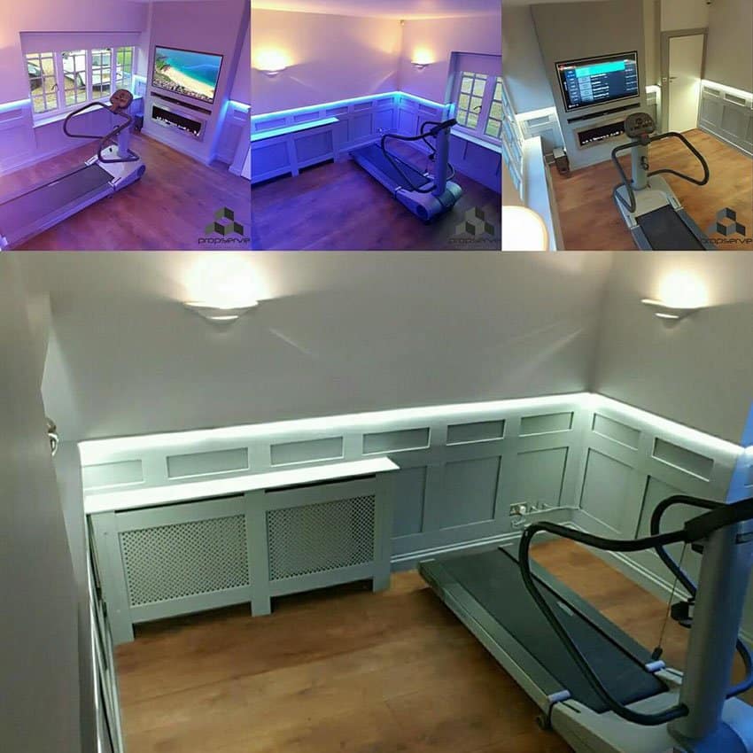 Before and after image of cinema room with treadmill and TV