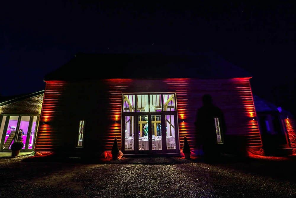 Outside Luxury Barn Wedding venue using LED Tape in red