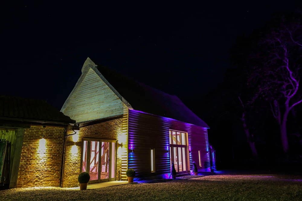 Outside Luxury Barn Wedding venue using LED Tape in purple
